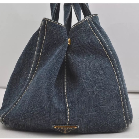 Authentic PRADA Canapa Large Canvas Tote Hand Bag Denim Blue - Picture 3 of 13